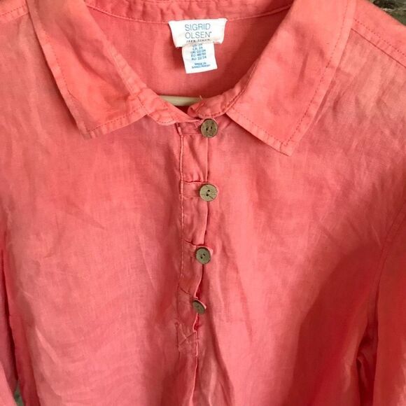 Sigred Olsen 100% Linen plus SZ 2XL Buttons Coral long tab sleeve Vacation - Picture 3 of 4